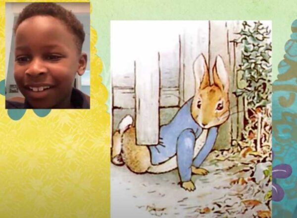 Peter Rabbit alongside an Elisabeth Morrow student.