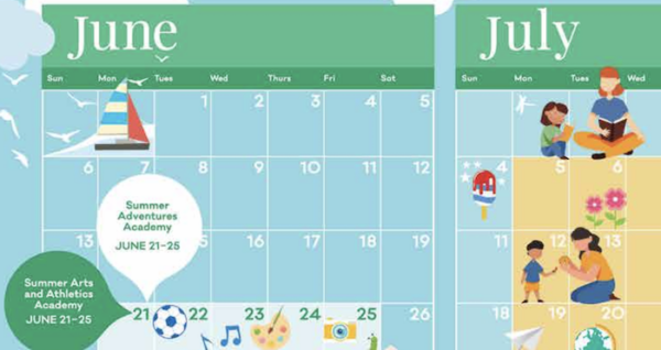 graphic of a calendar showing part of June and July with cartoons of people engaging in activities