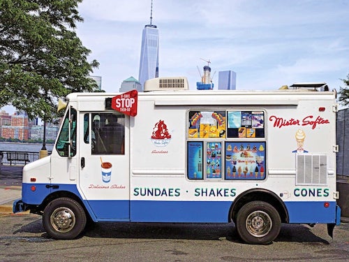 Mister Softee ice cream truck in front of New York skyline