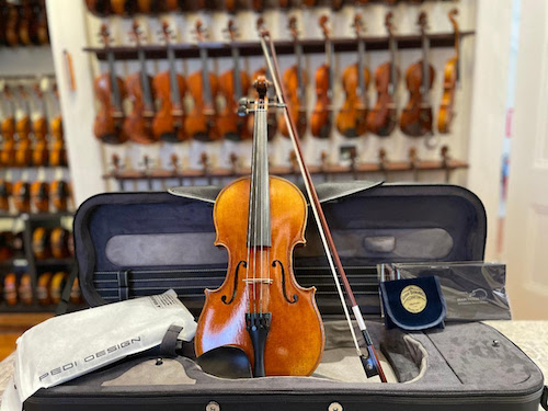 violin standing up in its case, a wall of violins behind it
