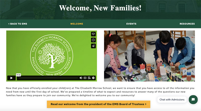 Screenshot of the main page of the New Families website