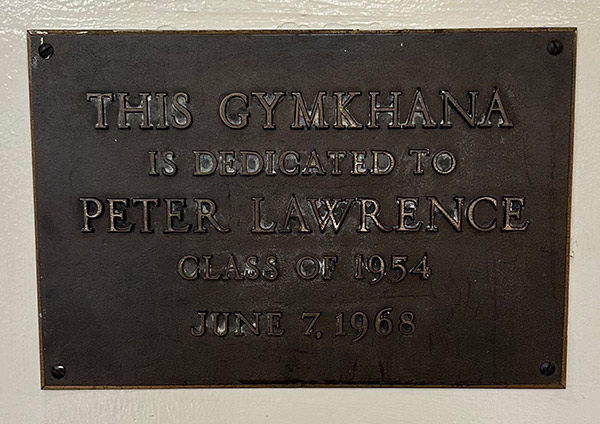 Dedication plaque outside the Peter Lawrence Gymkhana